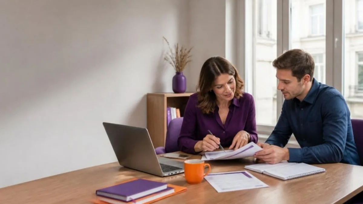 Deux consultants RH relisent une convention de formation dans un bureau lumineux